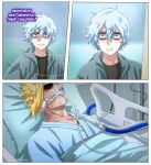  2boys all_might bangs bed black_shirt blanket blonde_hair boku_no_hero_academia bruise commentary english_commentary english_text grey_hair grey_jacket hair_between_eyes highres hospital hospital_bed hospital_gown injury jacket looking_at_viewer male_focus mole mole_under_mouth motion_lines multiple_boys open_clothes open_jacket pillow portrait red_eyes scar scar_on_face shigaraki_tomura shirt short_hair tearing_up teeth trevo_(trevoshere) yagi_toshinori 