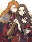  1boy 1girl armor ascot breasts brown_hair cleavage closed_eyes closed_mouth couple cowboy_shot dorothea_arnault dress earrings ferdinand_von_aegir fire_emblem fire_emblem:_three_houses frilled_sleeves frills green_eyes hetero jacket jewelry long_hair long_sleeves orange_hair pauldrons red_ascot red_dress red_jacket shoulder_armor simple_background smile standing tenjin_(ahan) white_background 