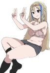  1girl black_skirt black_socks blonde_hair blue_eyes bow_(bhp) bra closed_mouth copyright_request double_v hairband invisible_chair long_hair looking_at_viewer microskirt navel pink_bra simple_background sitting skirt smile socks solo underwear v white_background 