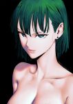  1girl black_background colorized cover cover_page earrings fubuki_(one-punch_man) green_eyes green_hair highres jewelry looking_at_viewer manga_cover murata_yuusuke nipple_slip nipples nude official_art one-punch_man orihalchon portrait short_hair simple_background solo 