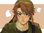  1boy bangs blonde_hair blush brown_background brown_shirt earrings fang green_headwear green_shirt highres jewelry link male_focus pisu_1107 pointy_ears portrait shirt sidelocks solo speech_bubble sweat swept_bangs the_legend_of_zelda 