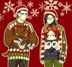  2boys arizuka_(catacombe) bangs black_pants bloodborne brown_pants claws closed_mouth drooling hat long_sleeves male_focus multicolored_sweater multiple_boys original pants ponytail red_background red_headwear santa_hat snowflakes sweat sweater translation_request 