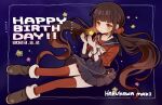  1girl ameko53133 bangs black_sailor_collar black_skirt blunt_bangs blush bow bowtie brown_footwear character_name closed_mouth collarbone danganronpa_(series) danganronpa_v3:_killing_harmony dated grey_bow grey_bowtie hands_up happy_birthday harukawa_maki highres long_sleeves low_twintails notice_lines pleated_skirt red_eyes red_scrunchie red_shirt red_thighhighs sailor_collar scrunchie shirt skirt solo star_(symbol) star_print thighhighs twintails zettai_ryouiki 