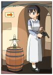  1girl absurdres apron armband barrel black_eyes black_hair commentary_request ennui_orz flare_gun full_body gun highres holding holding_gun holding_weapon industrial_pipe lantern original ponytail reloading solo weapon white_apron 