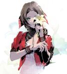  1girl aerith_gainsborough bangle bangs bracelet braid braided_ponytail brown_hair choker cofffee dress final_fantasy final_fantasy_vii final_fantasy_vii_remake floral_background flower flower_choker flower_over_eye green_eyes hair_ribbon holding holding_flower jacket jewelry lily_(flower) long_hair looking_at_viewer parted_bangs pink_dress pink_ribbon red_jacket ribbon short_sleeves sidelocks solo upper_body yellow_flower 