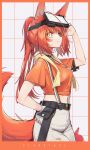  1girl animal_ears arknights black_choker choker commentary commentary_request crop_top flametail_(arknights) flametail_(sport_for_all)_(arknights) grey_pants hand_up head-mounted_display highres midriff navel official_alternate_costume orange_hair orange_shirt pants shirt short_sleeves signal_1120 smile solo squirrel_ears squirrel_tail standing stomach suspenders tail 