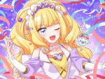  ;d blonde_hair blue_eyes bridal_gauntlets brooch choker clothing_cutout commentary_request cure_finale delicious_party_precure heart_brooch highres jewelry kasai_amane long_hair magical_girl one_eye_closed parfait_recipipi precure senotarou shoulder_cutout sidelocks smile tiara white_choker wide_ponytail 