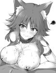  1boy 1girl animal_ear_fluff arm_belt blush breasts closed_mouth completely_nude cum cum_on_body cum_on_breasts facial greyscale hetero horosuke large_breasts looking_at_viewer makoto_(princess_connect!) monochrome navel nude paizuri penis pov princess_connect! simple_background solo_focus squiggle white_background wolf_girl 