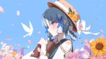  1girl absurdres bangs blue_background blue_eyes blue_hair blunt_bangs blush book braid brown_headwear butterfly_hair_ornament commentary_request flower genshin_impact hair_flower hair_ornament hat hat_flower highres holding holding_book kamisato_ayaka kamisato_ayaka_(springbloom_missive) long_sleeves looking_to_the_side mole mole_under_eye official_alternate_costume pink_flower portrait profile seorang short_hair sidelocks smile solo sun_hat white_flower yellow_flower 