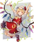  1girl :d arms_up ascot bangs blonde_hair blush commentary_request confetti fangs flandre_scarlet frilled_skirt frills gensou_aporo hat highres looking_at_viewer mob_cap one_side_up open_mouth puffy_short_sleeves puffy_sleeves red_eyes red_skirt red_vest short_sleeves skirt smile solo sparkle touhou vest wings wrist_cuffs yellow_ascot 