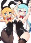  2girls animal_ears aqua_hair armpits arms_up bangs black_leotard black_pantyhose black_thighhighs blonde_hair blue_eyes blunt_bangs blush bob_cut bow bowtie breasts bunny_pose cleavage closed_mouth collar colored_tongue commentary detached_collar embarrassed fake_animal_ears fake_tail fang frown highres inkling leg_up leotard long_hair medium_breasts multiple_girls open_mouth pantyhose penguin_maru_(penginmaru) playboy_bunny pointy_ears purple_eyes rabbit_ears rabbit_tail red_bow red_bowtie short_hair simple_background small_breasts smile splatoon_(series) standing standing_on_one_leg strapless strapless_leotard sweat tail tan tentacle_hair thighhighs very_long_hair white_background white_collar wing_collar wrist_cuffs yellow_tongue 