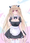  1girl alternate_costume anchorage_(azur_lane) apron azur_lane blush breasts closed_mouth commentary_request enmaided frilled_apron frills garter_straps hair_ornament large_breasts light_brown_hair long_hair looking_at_viewer m_ko_(maxft2) maid maid_apron puffy_short_sleeves puffy_sleeves red_eyes short_sleeves signature solo standing star_(symbol) thighhighs very_long_hair waist_apron white_apron 