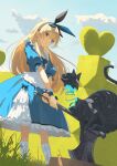  1girl alice_(alice_in_wonderland) alice_in_wonderland axe bangs black_hairband blonde_hair blue_dress blue_eyes blue_hairband blue_ribbon blue_sky cat cheshire_cat_(alice_in_wonderland) cloud commentary day dress english_commentary feet_out_of_frame frilled_dress frills grass hair_between_eyes hairband heterochromia highres holding holding_axe kneehighs long_hair looking_at_animal outdoors own_hands_together parted_lips pinafore_dress puffy_short_sleeves puffy_sleeves ribbon short_sleeves sky sleeves_past_wrists socks solo_focus standing sunlight tail tree_stump wakuseiy white_socks yellow_eyes 