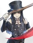  1other ascot bare_shoulders black_hair black_headwear commentary_request fingerless_gloves gloves guilty_gear guilty_gear_strive hat highres holding holding_weapon korean_commentary long_hair looking_at_viewer other_focus red_eyes scythe testament_(guilty_gear) top_hat weapon white_ascot white_gloves yeji36 