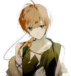  1boy a_(dear_vocalist) ahoge brown_eyes closed_mouth dear_vocalist fur-trimmed_jacket fur_trim green_tank_top highres jacket jacket_partially_removed jewelry long_hair looking_at_viewer male_focus orange_hair ponytail ring skunlv smile solo tank_top white_background 