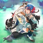  1boy alear_(fire_emblem) alear_(male)_(fire_emblem) animal bird blue_eyes blue_hair cat commentary dog dove english_commentary fire_emblem fire_emblem_engage grass heterochromia highres holding holding_animal hug long_hair long_sleeves looking_at_viewer male_focus miyuli multicolored_hair open_mouth red_eyes red_hair shirt short_hair shorts sitting smile split-color_hair two-tone_hair white_shirt white_shorts 