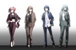  4girls absurdres alternate_costume bangs black_footwear black_shirt blue_eyes blue_hair brown_eyes brown_hair closed_mouth coat collarbone commentary formal full_body hanasato_minori hand_in_pocket hands_in_pockets highres hinomori_shizuku in_(in_0907) jacket kiritani_haruka light_blue_hair lineup long_hair long_sleeves looking_at_viewer momoi_airi more_more_jump!_(project_sekai) multiple_girls open_clothes open_jacket pants pink_eyes pink_hair project_sekai shirt shoes short_hair simple_background smile suit white_shirt 