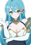  1girl blue_hair bow braid breasts chloe_(fire_emblem) cleavage commentary_request elbow_gloves fire_emblem fire_emblem_engage gloves green_eyes hair_between_eyes hair_bow highres kocha_(jgug7553) large_breasts long_hair looking_at_viewer partial_commentary red_bow simple_background smile solo upper_body very_long_hair white_background white_gloves 