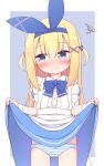  1girl apron ass_visible_through_thighs ayanepuna bangs blonde_hair blue_background blue_bow blue_dress blue_eyes blue_hairband blue_ribbon blush bow closed_mouth clothes_lift collared_dress commentary_request dress dress_lift frilled_apron frills hair_between_eyes hair_ornament hair_ribbon hairband hairclip highres lifted_by_self long_hair looking_away looking_to_the_side nose_blush original panties puffy_short_sleeves puffy_sleeves ribbon short_sleeves solo squiggle striped striped_panties sweat two-tone_background two_side_up underwear very_long_hair white_apron white_background x_hair_ornament 
