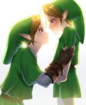  2boys backlighting blonde_hair blue_eyes blush commentary_request crying dual_persona earrings eye_contact fingerless_gloves frown gloves green_headwear green_tunic hat highres jewelry jimaku link looking_at_another male_focus multiple_boys pointy_ears smile tears the_legend_of_zelda the_legend_of_zelda:_ocarina_of_time young_link 