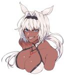  1girl blue_eyes breasts caenis_(fate) cleavage dark-skinned_female dark_skin fate/grand_order fate_(series) large_breasts portrait simple_background smile solo user_deah7257 white_hair 