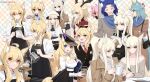  1boy 6+girls animal_ears antlers apron arknights bare_shoulders black_apron black_headwear black_jacket black_sweater blazer blemishine_(arknights) blonde_hair blue_eyes blue_hair blue_scarf breasts brown_coat brown_eyes cleavage coat commentary_request cup deer_ears disposable_cup gravel_(arknights) grey_coat grey_shirt holding holding_cup horns jacket large_breasts long_hair looking_at_viewer medium_hair monique_(arknights) mug multiple_girls nearl_(arknights) nightingale_(arknights) off-shoulder_shirt off_shoulder pink_hair platinum_(arknights) roy_(arknights) scarf shining_(arknights) shirt shrimp_cake sidelocks sweater turtleneck turtleneck_sweater very_long_hair viviana_(arknights) whislash_(arknights) white_shirt yellow_eyes 