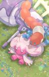  absurdres animal_focus blue_flower closed_mouth commentary_request day eyelashes flower full_body grass hammer highres holding holding_flower long_hair no_humans nullma on_grass orthworm outdoors pink_hair pokemon pokemon_(creature) purple_eyes sitting smile tinkaton twintails worm 