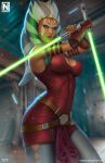  1girl absurdres ahsoka_tano alien bare_shoulders belt blue_eyes blurry breasts cleavage depth_of_field dress green_lightsaber grey_pantyhose highres holding holding_lightsaber holding_weapon looking_at_viewer nopeys pantyhose pelvic_curtain red_dress reverse_grip star_wars togruta vambraces weapon 