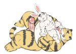  2023 anthro balls belly big_belly duo erection felid genitals hupi1008 kemono lagomorph leporid lying male male/male mammal moobjob muscular overweight overweight_male pantherine penis penis_size_difference rabbit tiger 