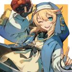  androgyne_symbol aqua_eyes black_gloves black_ribbon blonde_hair blue_hoodie bridget_(guilty_gear) cuffs fingerless_gloves gloves guilty_gear guilty_gear_strive habit handcuffs highres hood hood_up hooded_jacket hoodie jacket kuroi_susumu looking_at_viewer male_focus medium_hair one_eye_closed open_clothes open_hoodie open_mouth otoko_no_ko ribbon smile yo-yo 