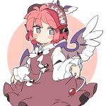  1girl animal_ears bird_ears bird_wings blush brown_dress closed_mouth dress earrings frilled_dress frilled_sleeves frills grey_eyes highres ini_(inunabe00) jewelry long_sleeves mystia_lorelei pink_hair short_hair single_earring sleeve_garter solo touhou white_wings wings 