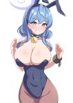  1girl ako_(blue_archive) alternate_costume animal_ears bare_shoulders bell blue_archive blue_eyes blue_hair blue_leotard breasts brown_pantyhose cleavage clenched_teeth covered_navel fake_animal_ears garukichi halo highres large_breasts leotard looking_at_viewer medium_hair neck_bell pantyhose rabbit_ears simple_background solo teeth white_background 