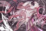  2girls absurdres animal_ears artist_request bandaged_leg bandages black_hair crying douluo_dalu dress dual_persona falling_petals floating from_side glowing_symbol hair_bun high_heels highres holding holding_sword holding_weapon long_hair looking_at_another multiple_girls pantyhose petals pink_dress pink_hair ponytail rabbit_ears second-party_source sword weapon white_pantyhose wind xiao_wu_(douluo_dalu) 