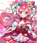  1girl apron blush bow_ring cone_hair_bun cure_precious cure_precious_(party_up_style) delicious_party_precure earrings food hair_bun head_wreath highres japanese_clothes jewelry kannagi6 long_hair nagomi_yui onigiri pink_hair precure purple_eyes smile solo very_long_hair 