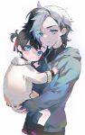  1boy 1girl aged_down asymmetrical_bangs bangs black_choker black_hair blush brother_and_sister carrying carrying_person child child_carry choker green_eyes green_hoodie hair_ribbon highres hood hood_down hoodie long_sleeves looking_at_viewer marnie_(pokemon) multicolored_hair nekoyashiki_pushio piers_(pokemon) pokemon pokemon_(game) pokemon_swsh red_ribbon ribbon shoes siblings simple_background two-tone_hair two_side_up white_background white_hair 