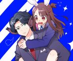  1boy 1girl andrew_hanbridge animal_ears black_hair brown_eyes brown_hair carrying dot_nose formal frown green_eyes kagari_atsuko little_witch_academia long_hair necktie open_mouth piggyback rabbit_ears red_necktie sakuraihum short_hair suit sweatdrop teeth upper_teeth_only 