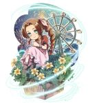  1girl aerith_gainsborough bangs boots braid braided_ponytail brown_footwear brown_hair chibi choker cropped_jacket dress ferris_wheel final_fantasy final_fantasy_vii final_fantasy_vii_remake fireworks flower flower_choker full_body green_eyes hair_ribbon jacket jo_ro_ri leaf lifestream lily_(flower) long_dress long_hair looking_at_viewer own_hands_clasped own_hands_together parted_bangs pink_dress pink_ribbon red_jacket ribbon short_sleeves sidelocks sitting smile solo twitter_username yellow_flower 