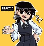  1girl ? ?? bangs black_hair black_ribbon chainsaw_man character_age character_name dress fourth_east_high_school_uniform hand_on_hip highres kermittend long_hair looking_to_the_side low_twintails mitaka_asa neck_ribbon open_mouth outline pinafore_dress ribbon school_uniform simple_background solo sweatdrop twintails white_outline yellow_background 