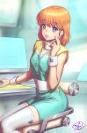  1girl bangs bare_shoulders blue_eyes blurry blurry_background blush breasts buttons commentary commission dress fingernails fujii_eishun hand_up headset highres lips looking_at_viewer orange_hair parted_lips phantasy_star phantasy_star_ii short_dress short_hair signature simple_background sitting sleeveless small_breasts smile solo thighhighs wristband zettai_ryouiki 