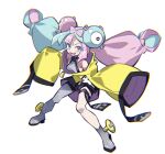  1girl absurdres black_shorts blue_hair boots coat commentary_request hayakawa_harui highres iono_(pokemon) long_hair multicolored_hair pokemon pokemon_(game) pokemon_sv purple_eyes purple_hair sharp_teeth shorts single_thighhigh sleeves_past_fingers sleeves_past_wrists teeth thigh_strap thighhighs two-tone_hair white_background yellow_coat 
