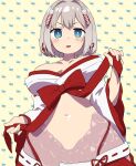  1girl absurdres blue_eyes breasts detached_sleeves hair_ornament highres kiyoshi_hara large_breasts looking_at_viewer monster_girl navel nontraditional_miko original pulled_by_self ribbon scales short_hair solo tongue tongue_out undressing white_hair 