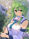  1girl bare_shoulders blush breasts closed_mouth detached_sleeves flower frog_hair_ornament green_eyes green_hair hair_between_eyes hair_ornament highres holding holding_umbrella japanese_clothes kochiya_sanae large_breasts long_hair nontraditional_miko purple_flower puuakachan revision smile snake_hair_ornament solo touhou transparent transparent_umbrella umbrella upper_body wet wet_clothes white_sleeves wide_sleeves 