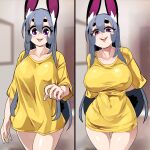  1girl absurdres animal_ear_fluff animal_ears arm_behind_back baggy_clothes before_and_after bongfill breasts commentary covered_navel covered_nipples curvy english_commentary grey_hair highres large_breasts long_hair meme mole mole_under_eye naked_shirt original pajamas_challenge_(meme) pulled_by_self purple_eyes rabbit_ears rabbit_girl shirt shirt_overhang smirk solo t-shirt tank_(bongfill) taut_clothes taut_shirt teeth thick_eyebrows thigh_gap tight tight_shirt upper_teeth_only very_long_hair yellow_shirt 