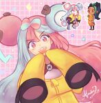  blue_hair constarlations grid_background highres iono_(pokemon) nemona_(pokemon) pastel_colors pawmi pink_background pink_eyes pink_hair pokemon pokemon_(game) pokemon_sv sharp_teeth smile teeth 