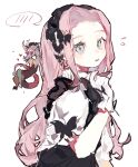  1girl apron bangs black_apron discord_(my_little_pony) fluttershy gloves green_eyes hand_up heart heart-shaped_eyes highres long_hair maid maid_apron maid_headdress mengtunshaojing my_little_pony my_little_pony:_friendship_is_magic parted_bangs personification pink_hair shirt short_sleeves simple_background spoken_blush white_background white_gloves white_shirt 