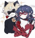  1boy 1girl animal_ears black_bodysuit black_mask blonde_hair blue_hair bodysuit cat_ears chat_noir chinese_commentary closed_eyes closed_mouth commentary_request domino_mask fake_animal_ears flower flower_in_mouth grey_eyes highres ladybug_(character) mask mengtunshaojing miraculous_ladybug polka_dot red_bodysuit red_flower red_mask red_rose rose short_hair simple_background sparkle white_background 