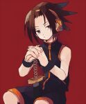  1boy asakura_you black_eyes black_wristband brown_hair headphones katana male_focus red_background serious shaman_king short_hair shorts sitting sleeveless solo spiked_hair sword tamago_(bolo) weapon wristband zipper 