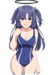  1girl alternate_costume breasts garukichi highres long_hair looking_at_viewer medium_breasts one-piece_swimsuit simple_background solo swimsuit white_background yuuka_(blue_archive) 