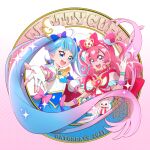  2girls ahoge blue_eyes blue_hair bow brooch cape cone_hair_bun cure_precious cure_sky delicious_party_precure detached_sleeves earrings fingerless_gloves gloves gradient_hair hair_bun heart_brooch hirogaru_sky!_precure jewelry kamikita_futago kome-kome_(precure) long_hair magical_girl multicolored_hair multiple_girls nagomi_yui official_art pink_bow pink_hair precure puffy_detached_sleeves puffy_sleeves purple_eyes single_sidelock sora_harewataru two-sided_cape two-sided_fabric two_side_up white_gloves wing_hair_ornament 