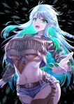  1girl bangs belt_buckle blue_hair blush breasts buckle colored_inner_hair fate/grand_order fate_(series) fringe_trim green_eyes green_hair highres kukulkan_(fate) large_breasts light_blue_hair long_hair long_sleeves looking_at_viewer multicolored_hair navel open_mouth outstretched_arm smile solo thighhighs thighs underboob youshuu 